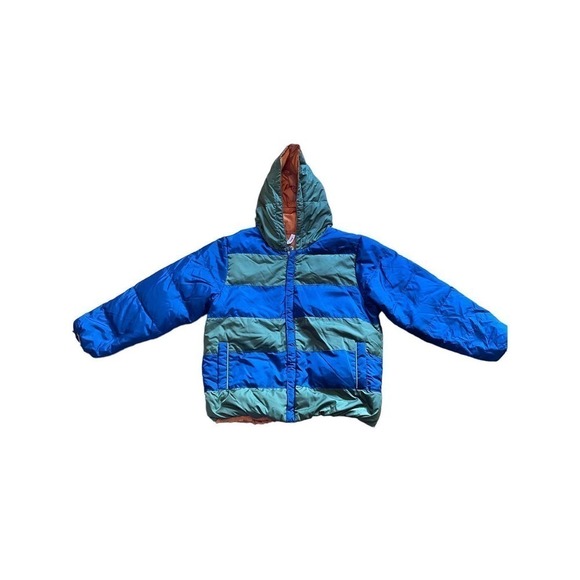 Hanna Andersson Puffer Jacket Youth 140/10 Blue Green Down Filled Stripe - Picture 1 of 4